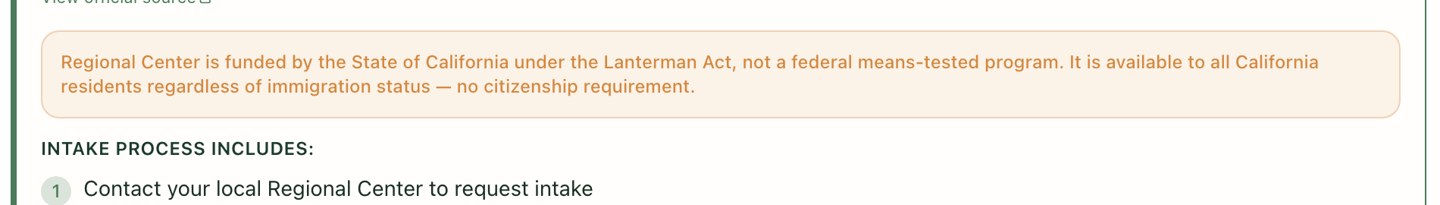 Close-up of the note on the Regional Center program card: Regional Center is funded by the State of California under the Lanterman Act, not a federal means-tested program, and is available to all California residents regardless of immigration status, with no citizenship requirement